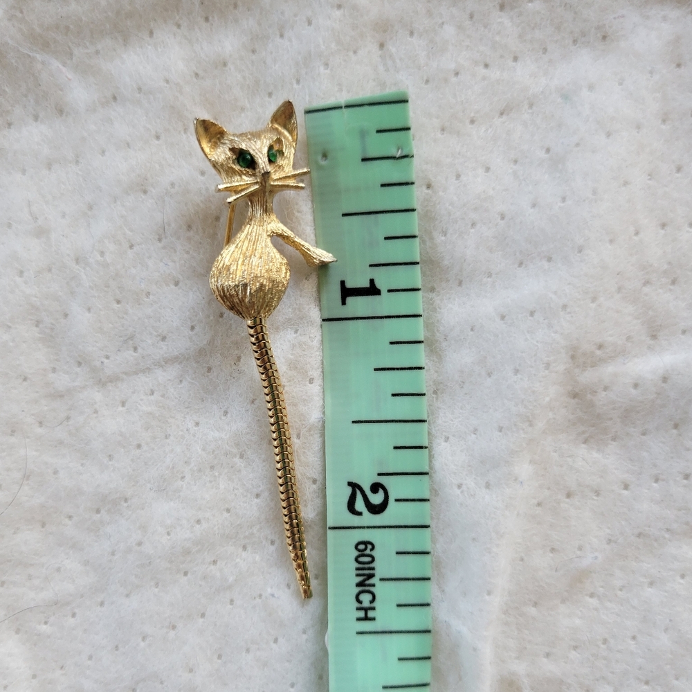 VTG Cute Green Eyed Gold Tone Movable Cat Brooch - Picture 5 of 6